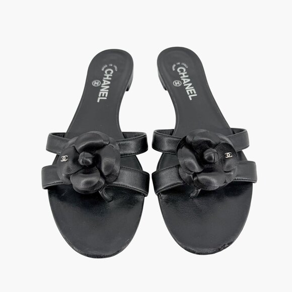 Chanel Camellia CC Flat Thong Slide Sandals Black Leather Size 40.5 US 9.5-10 - Picture 3 of 15